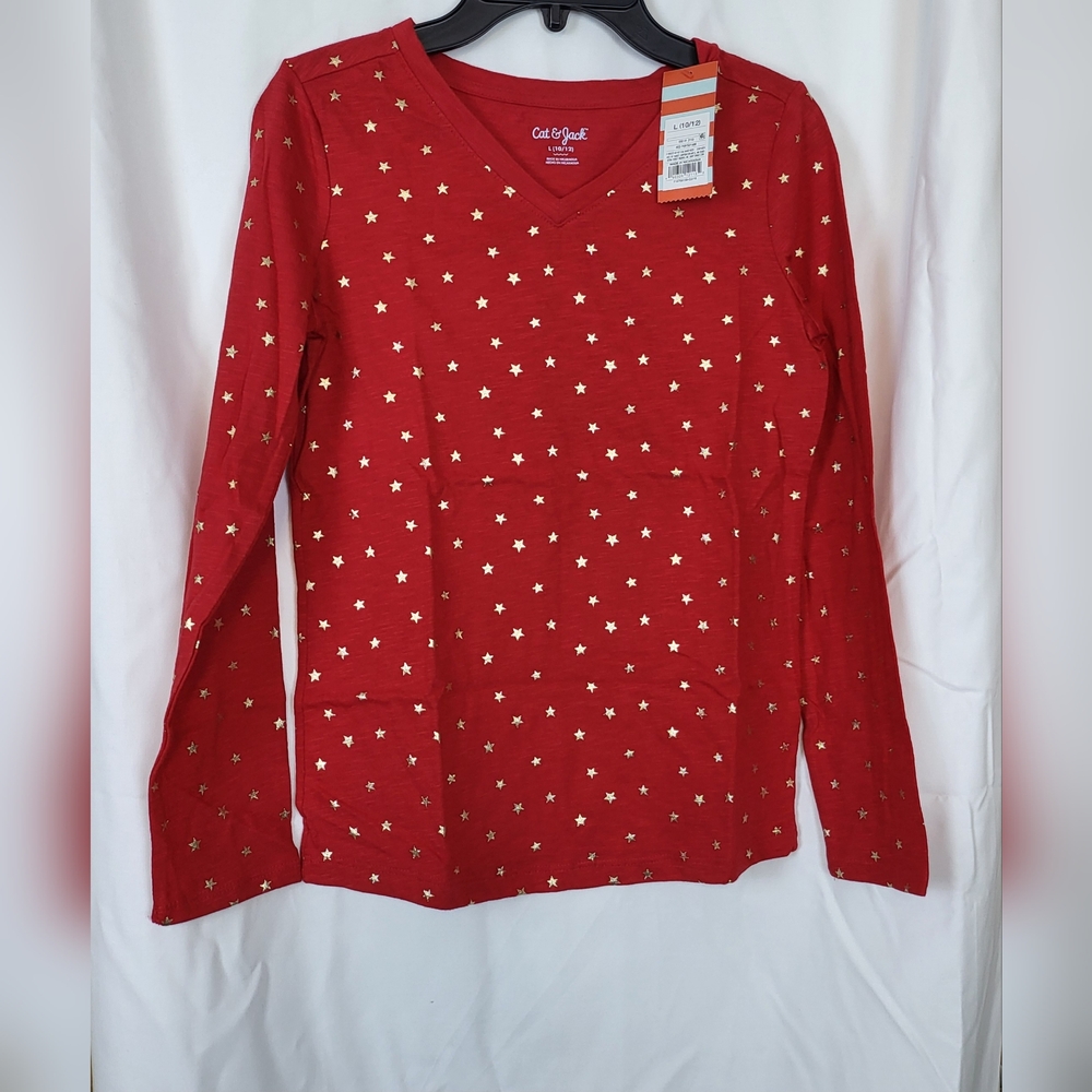 Cat & Jack NWT Girls Red Gold Star Print Long S leeve V-neck ShirtSize L 10/12